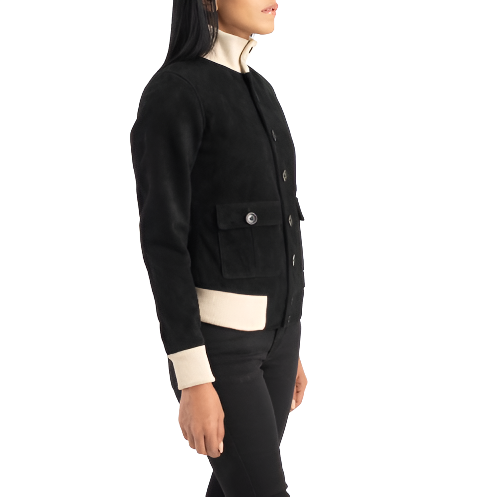 Women's Black Button-Up Suede Jacket with High Collar