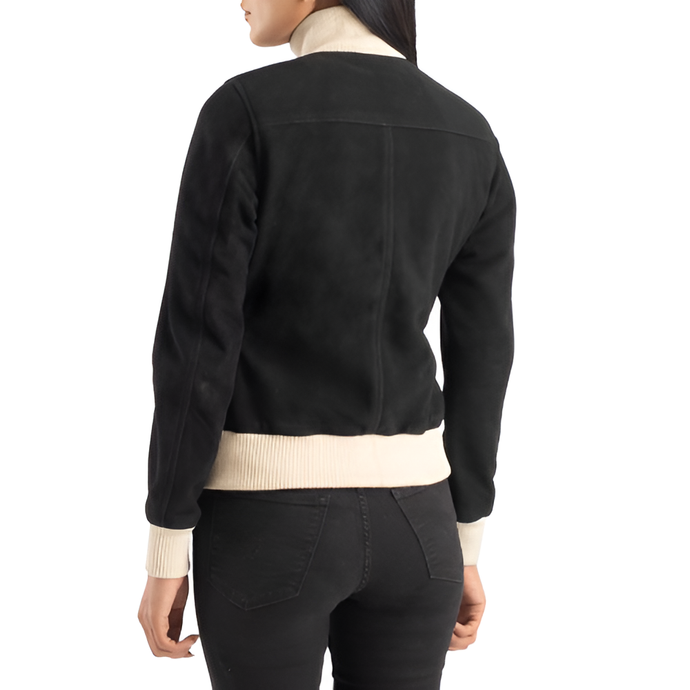 Women's Black Button-Up Suede Jacket with High Collar