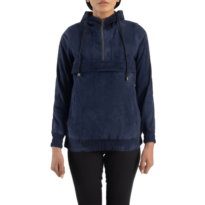 Deep Blue Suede Hooded Pullover Jacket