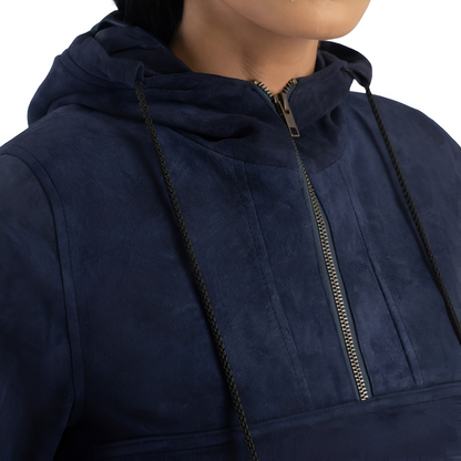 Deep Blue Suede Hooded Pullover Jacket