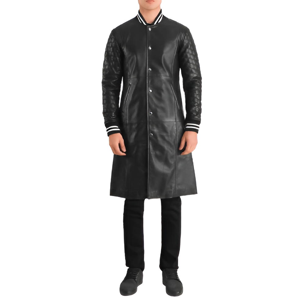 Men's Black Varsity Leather Long Coat