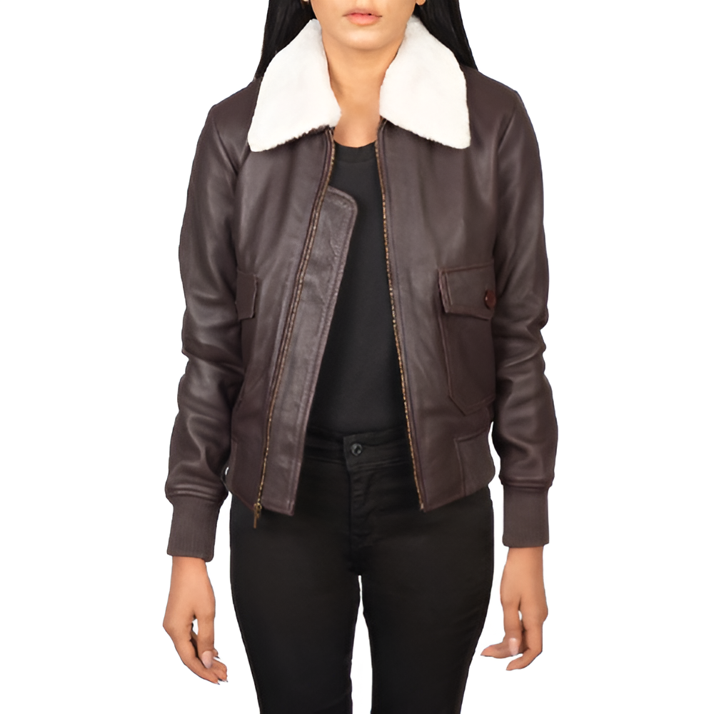 Brown Leather Aviator Jacket with Shearling Collar