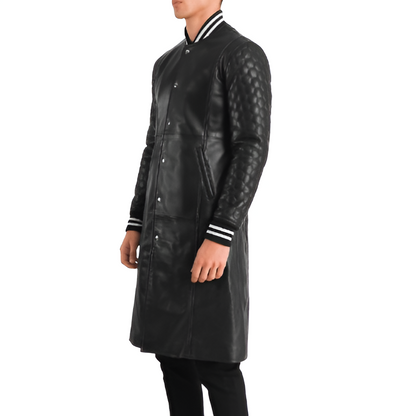 Men's Black Varsity Leather Long Coat