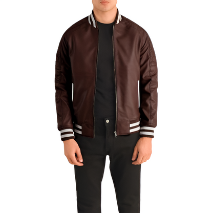 Men's Dark Brown Leather Varsity Jacket