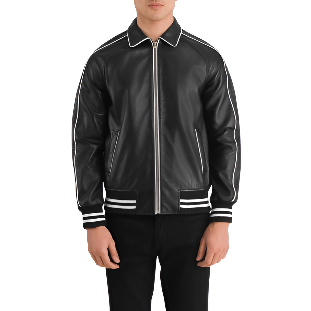 Classic Black Leather Bomber Jacket with White Piping