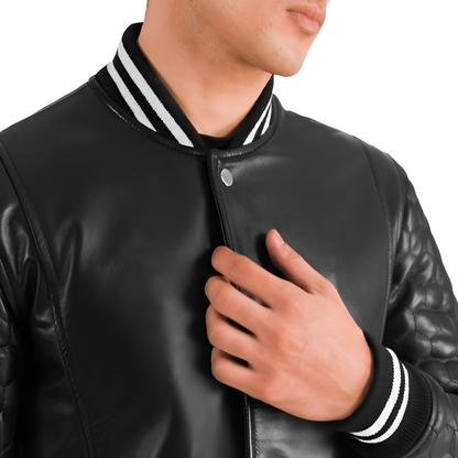 Men's Black Varsity Leather Long Coat