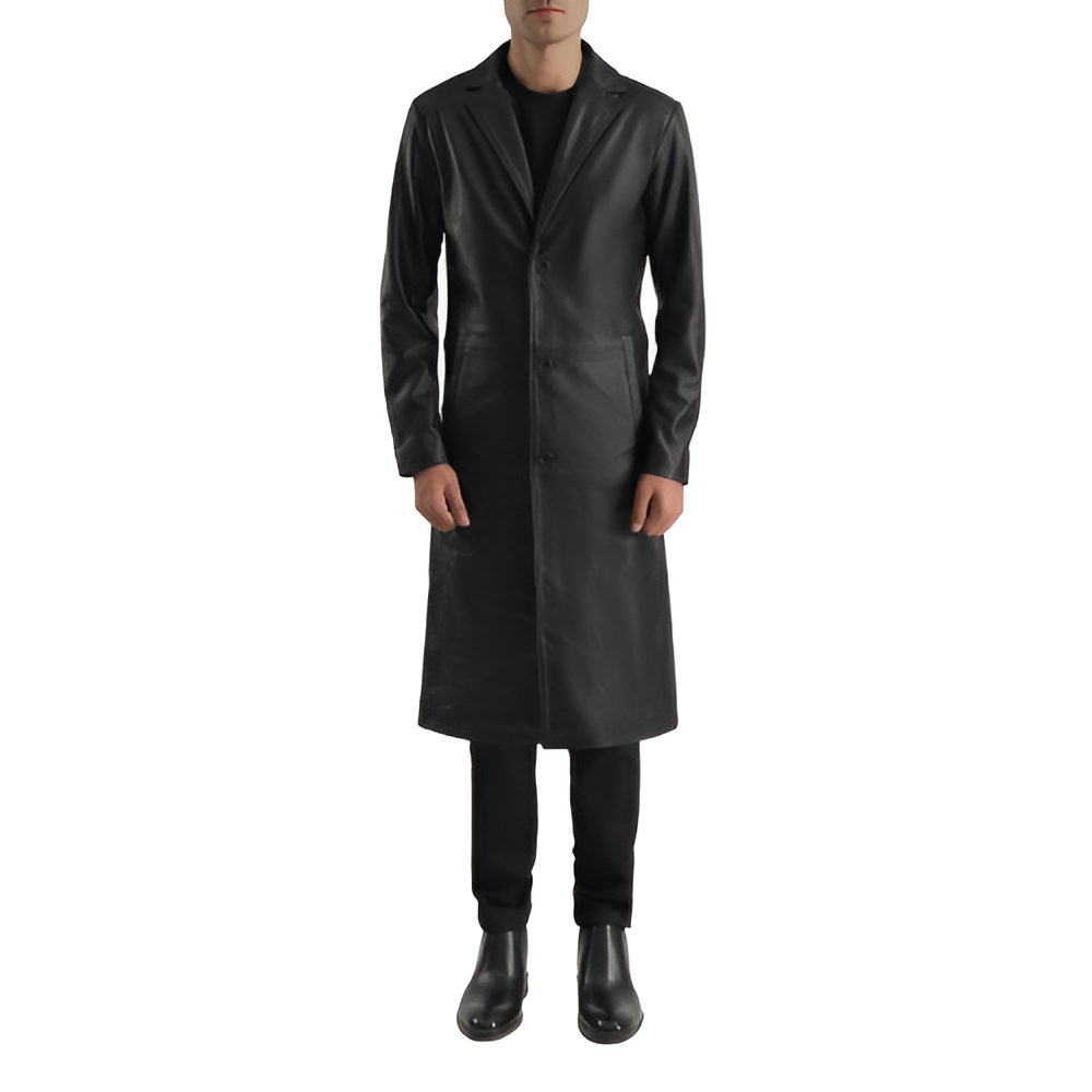 Men's Black Leather Long Coat