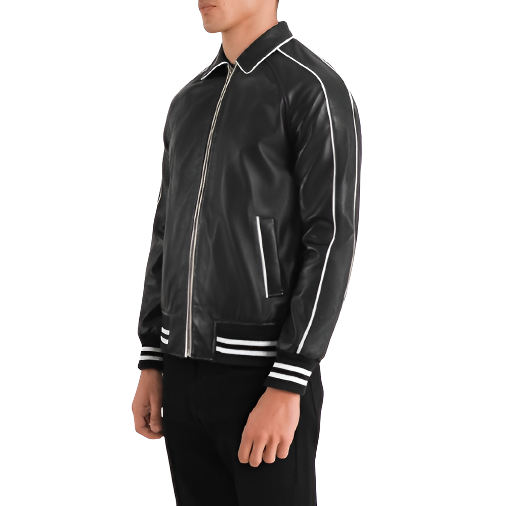 Classic Black Leather Bomber Jacket with White Piping