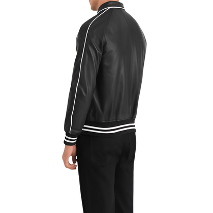 Classic Black Leather Bomber Jacket with White Piping