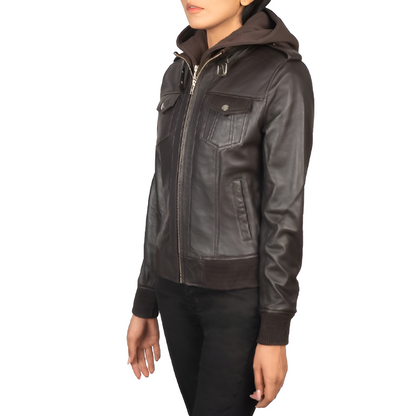 Dark Brown Leather Hooded Jacket