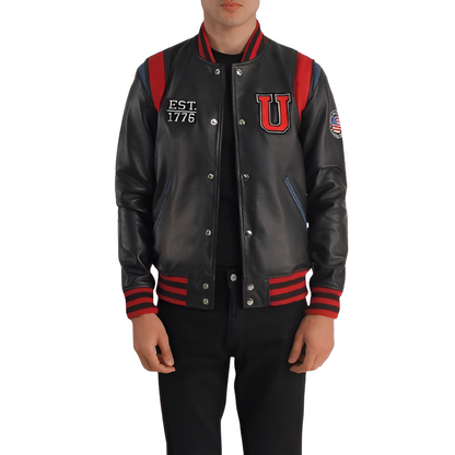 Black Leather Varsity Jacket with Embroidered Patch Details