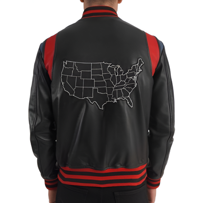 Black Leather Varsity Jacket with Embroidered Patch Details