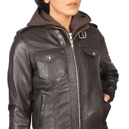 Dark Brown Leather Hooded Jacket