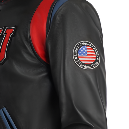 Black Leather Varsity Jacket with Embroidered Patch Details