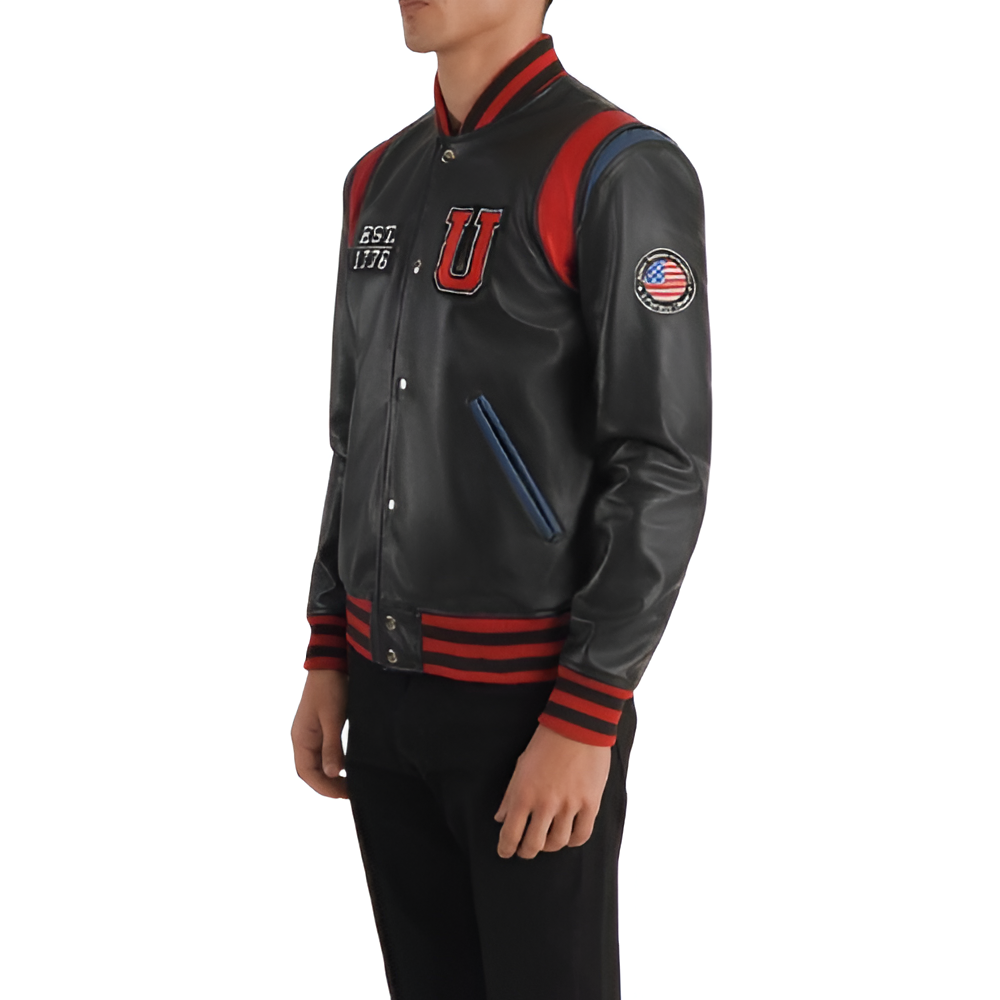 Black Leather Varsity Jacket with Embroidered Patch Details