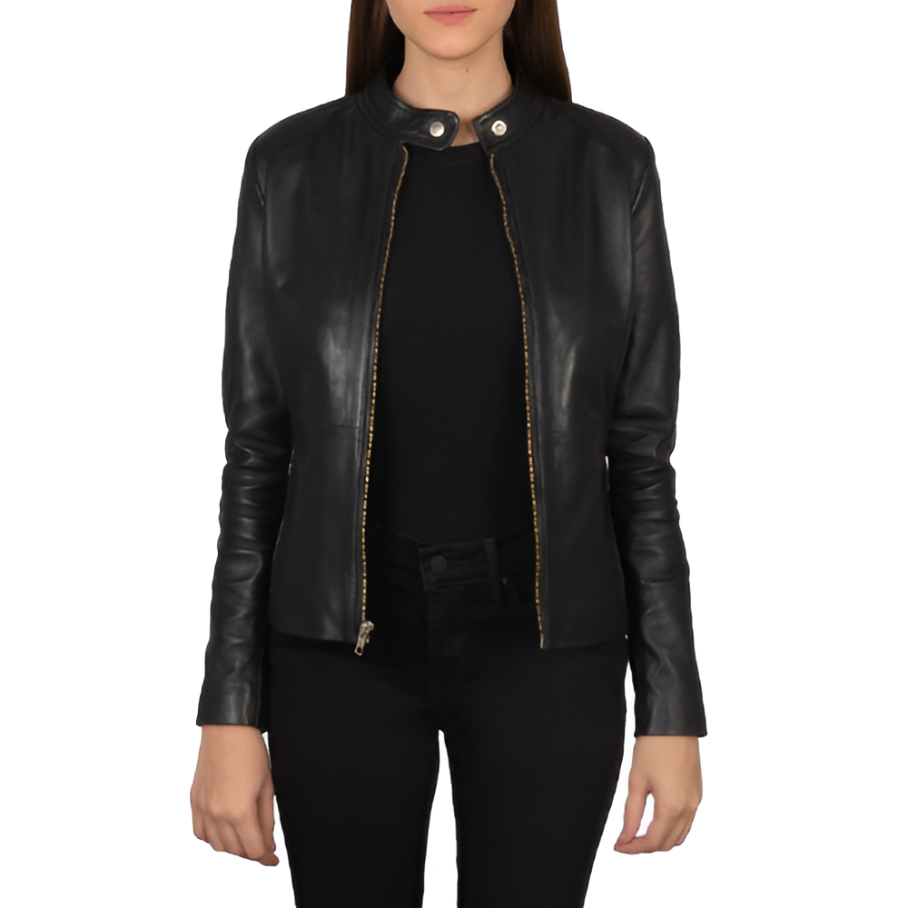 Black Classic Stand Collar Leather Jacket