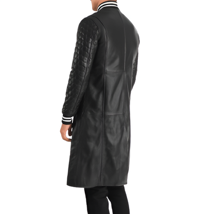 Men's Black Varsity Leather Long Coat