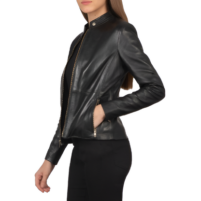 Black Classic Stand Collar Leather Jacket