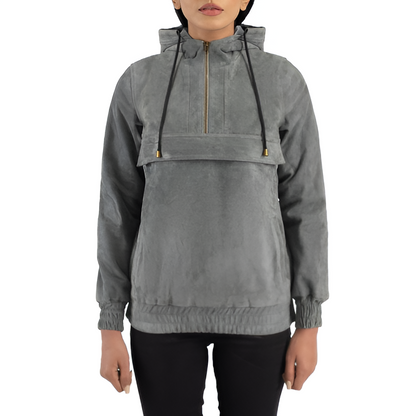 Grey Hooded Pullover Suede Jacket