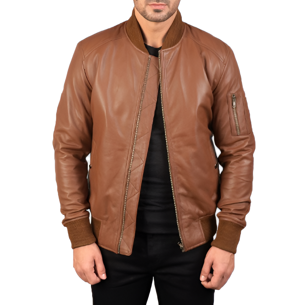 Classic Brown Leather Bomber Jacket