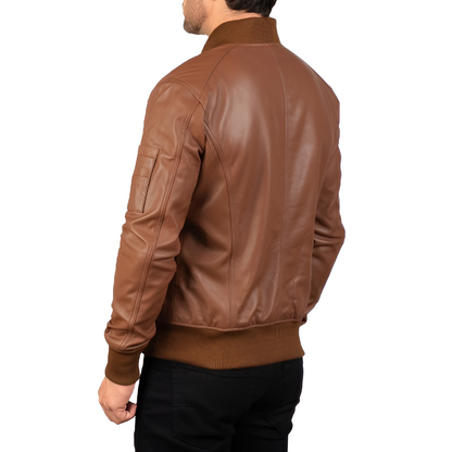 Classic Brown Leather Bomber Jacket