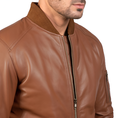 Classic Brown Leather Bomber Jacket