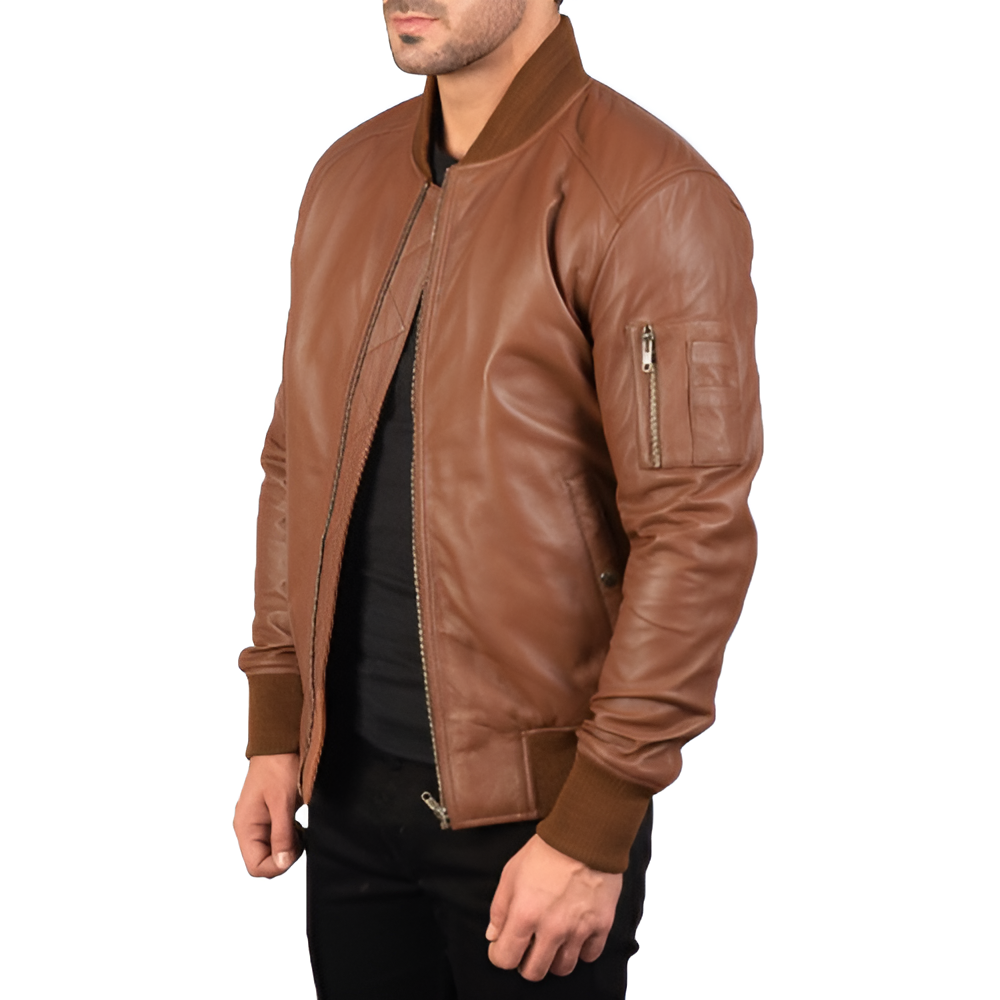 Classic Brown Leather Bomber Jacket