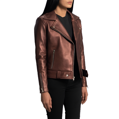 Metallic Brown Leather Biker Jacket