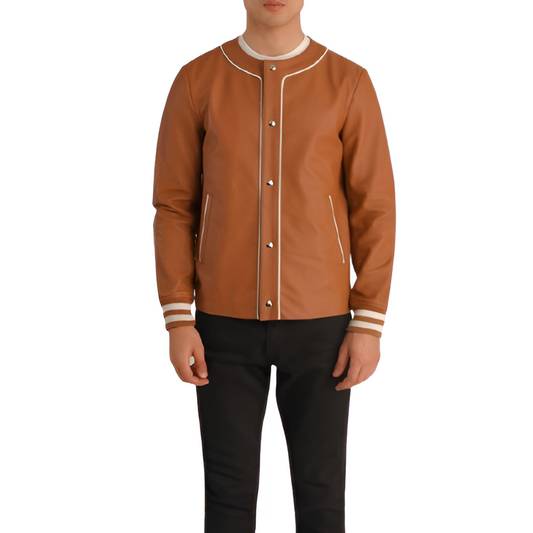 Tan Leather Varsity Jacket with White Trim