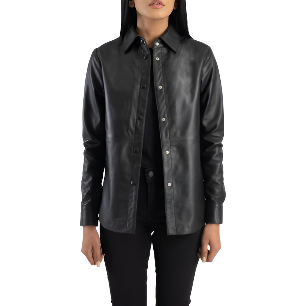 Black Leather Button-Up Shirt Jacket