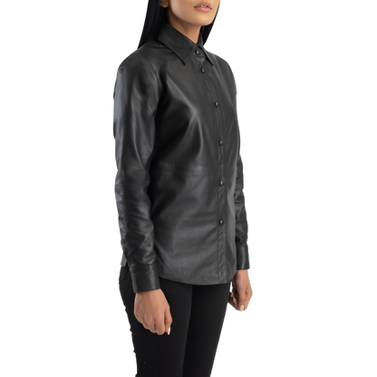 Black Leather Button-Up Shirt Jacket