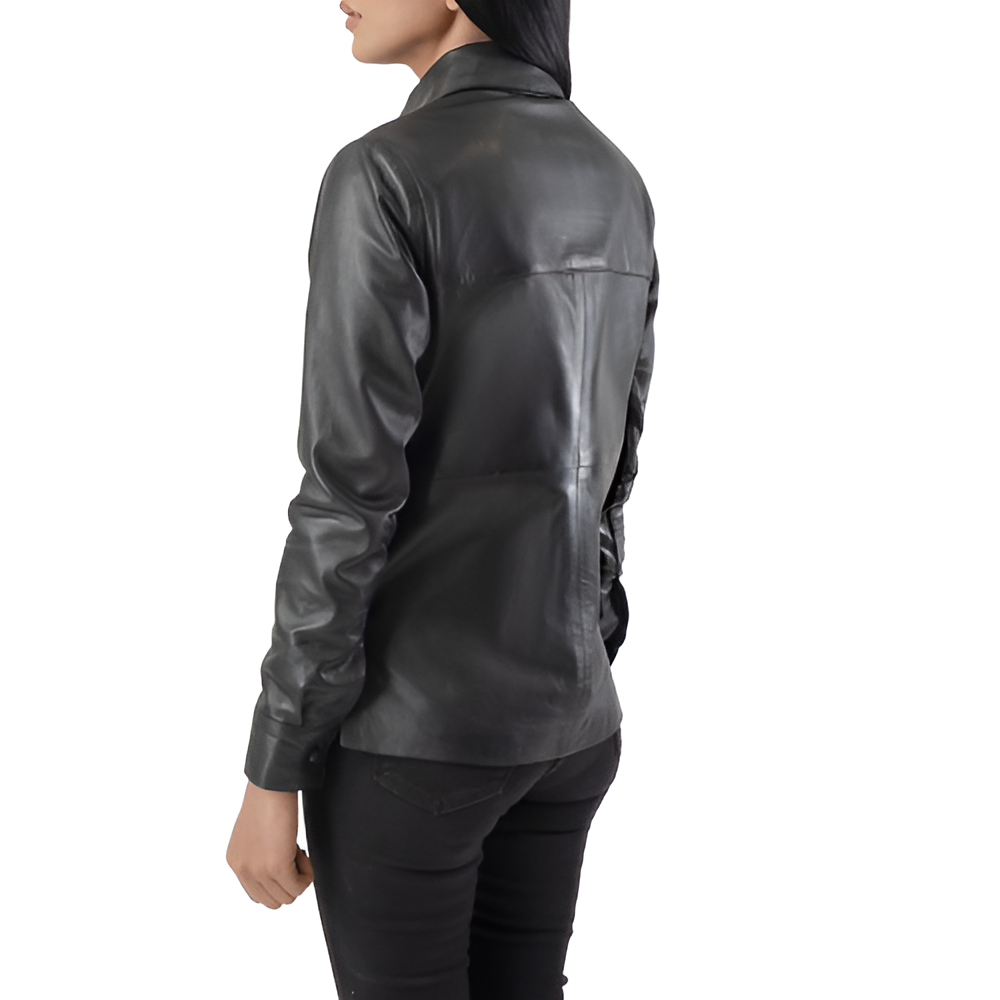 Black Leather Button-Up Shirt Jacket