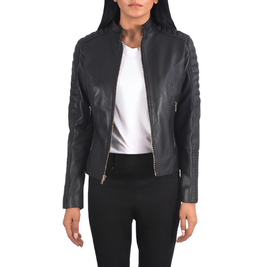 Women's Black Stand-Collar Leather Jacket