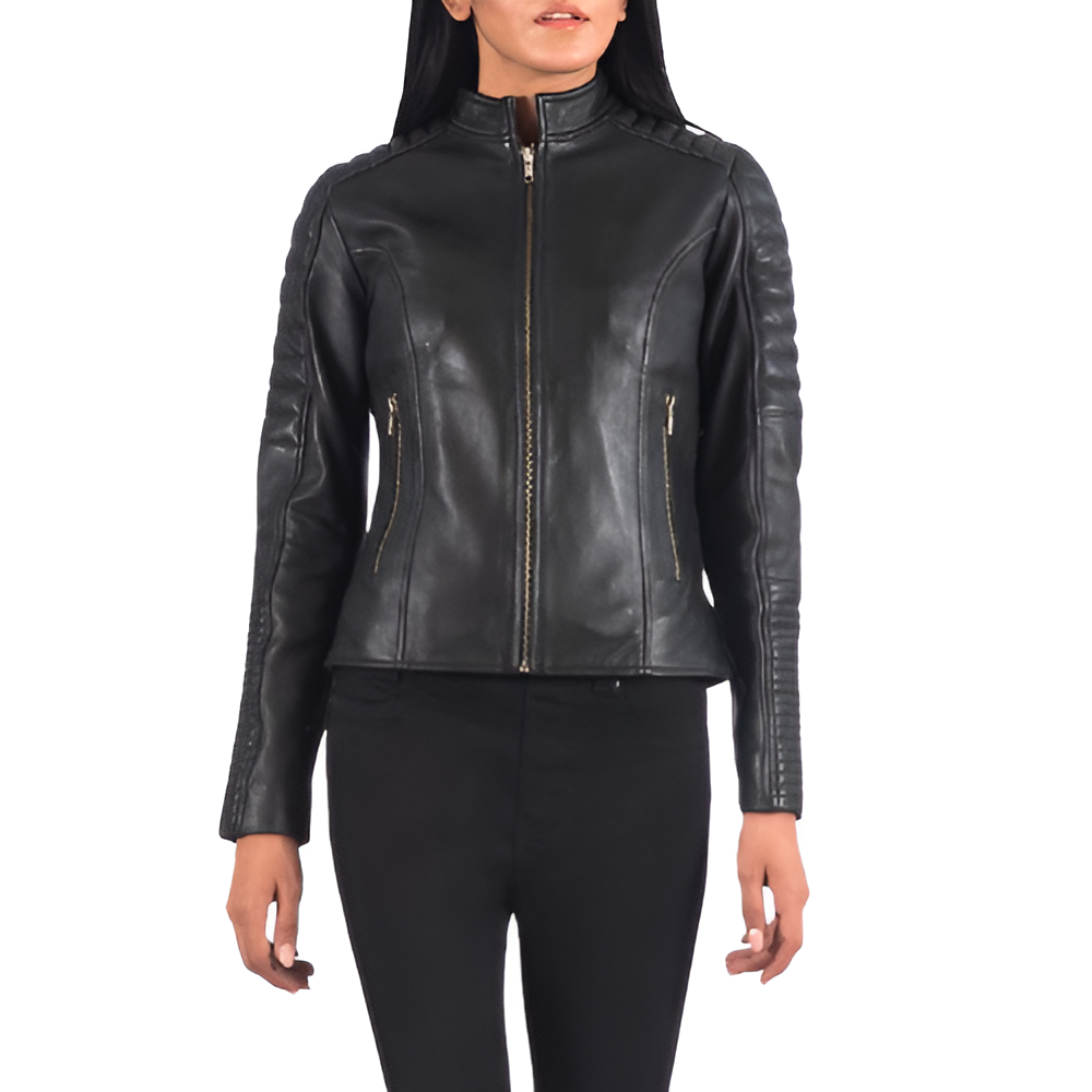 Women's Black Stand-Collar Leather Jacket