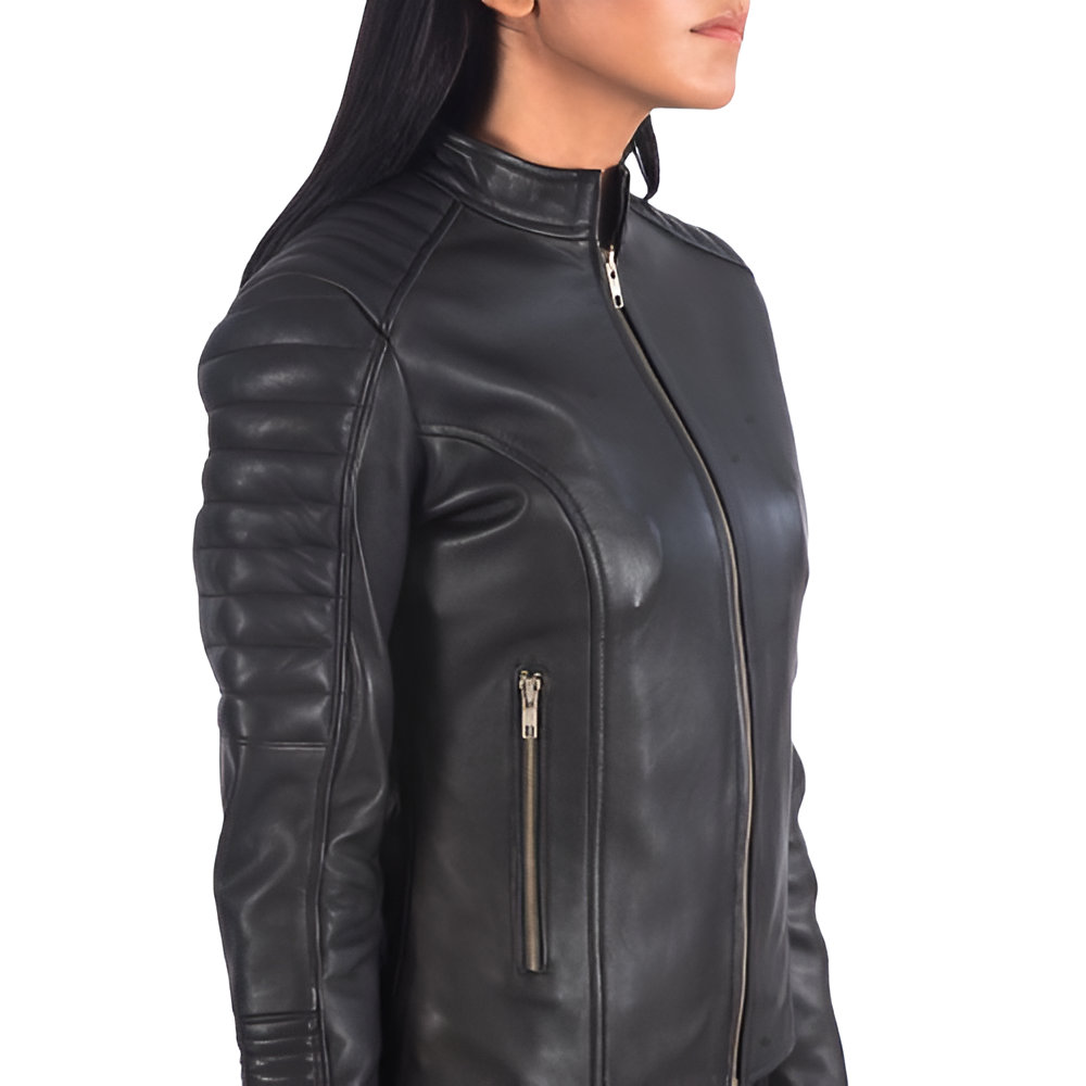 Women's Black Stand-Collar Leather Jacket