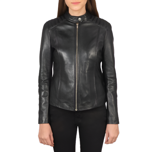 Women's Black Leather High-Neck Jacket