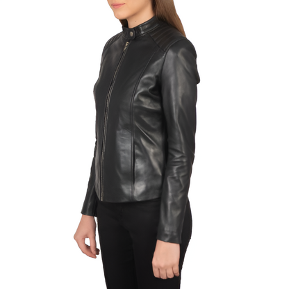 Women's Black Leather High-Neck Jacket