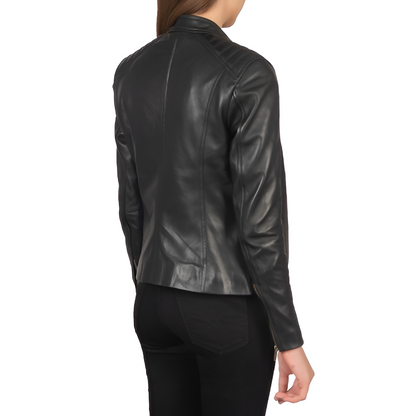 Women's Black Leather High-Neck Jacket