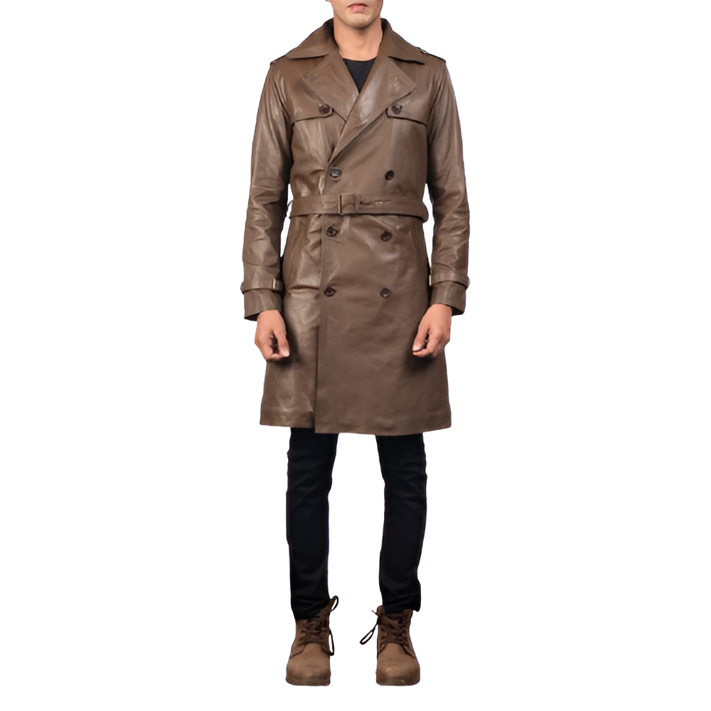 Men's Brown Leather Trench Coat