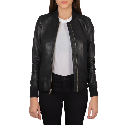 Women's Classic Black Leather Bomber Jacket