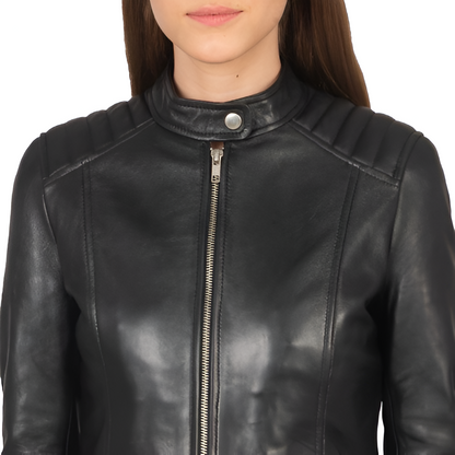 Women's Black Leather High-Neck Jacket