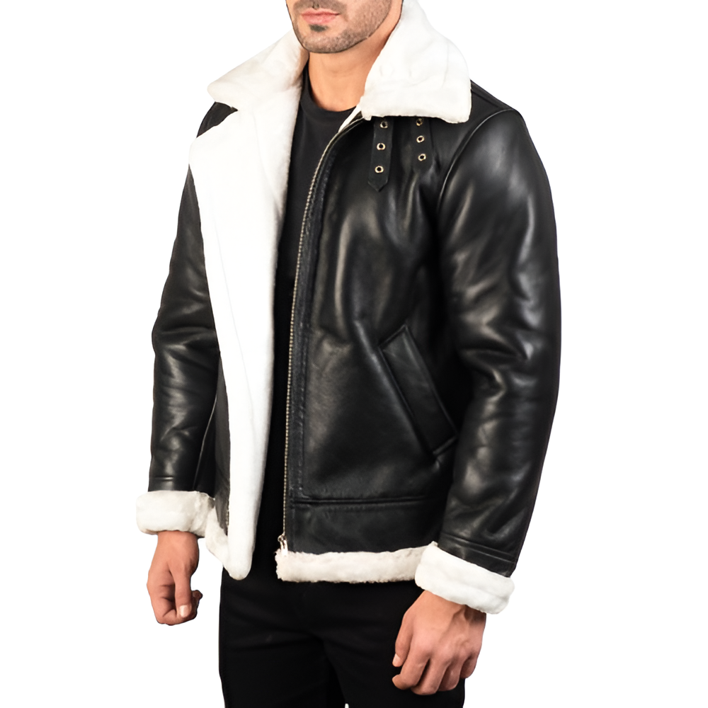 Men's Black Shearling Leather Aviator Jacket