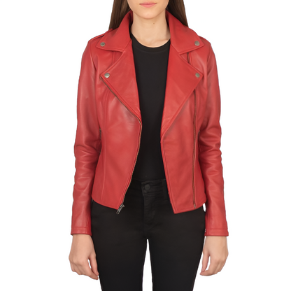 Women's Red Biker Leather Jacket