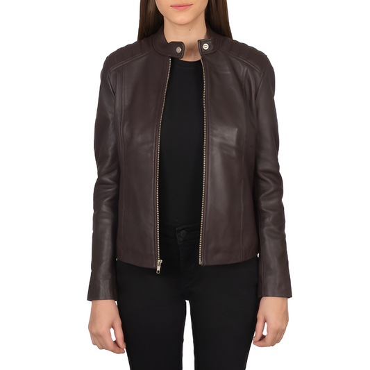 Women's Brown Leather Jacket with Stand Collar