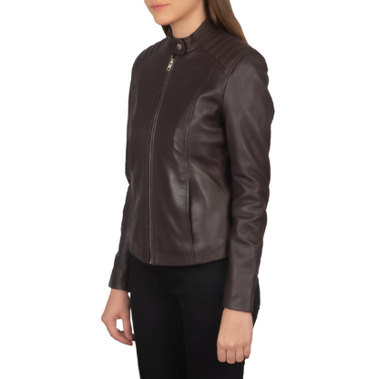 Women's Brown Leather Jacket with Stand Collar