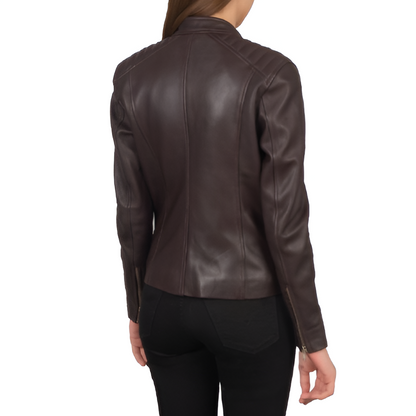 Women's Brown Leather Jacket with Stand Collar