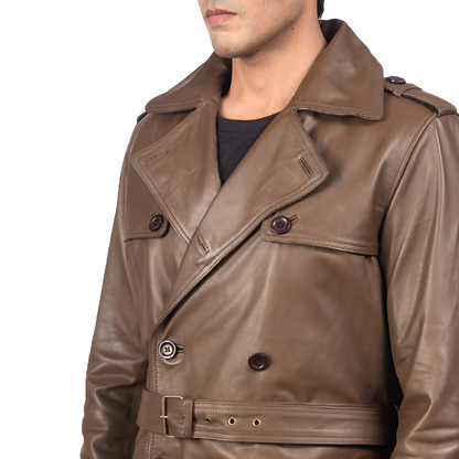 Men's Brown Leather Trench Coat