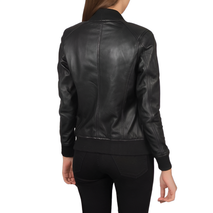 Women's Classic Black Leather Bomber Jacket