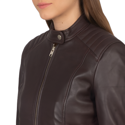 Women's Brown Leather Jacket with Stand Collar