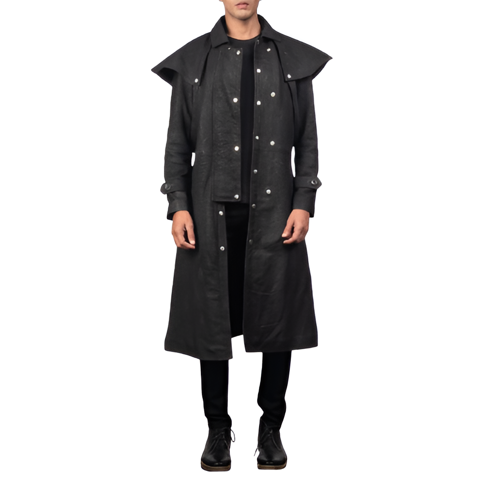 Men's Black Double-Layered Leather Trench Coat